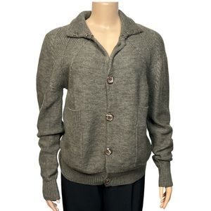 NSF 100% Wool Cardigan Sweater Army Green Turndown Clasp Collar unisex Size XL